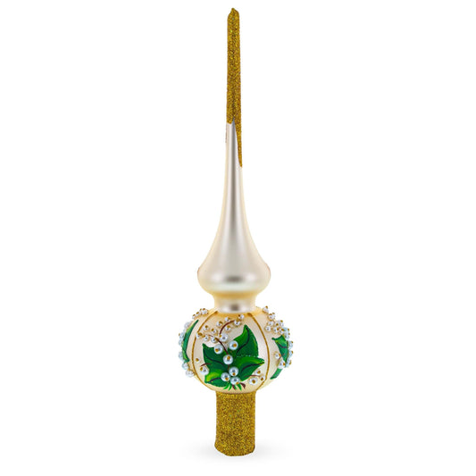Lily of the Valley Flowers on Beige Glass Christmas Tree Topper 11 Inches
