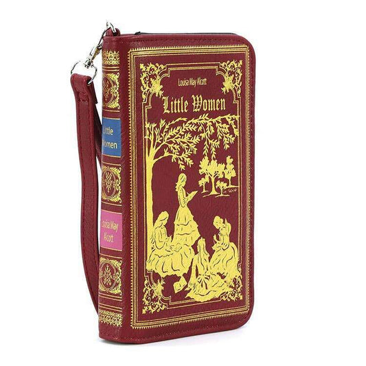 a red book case with gold designs