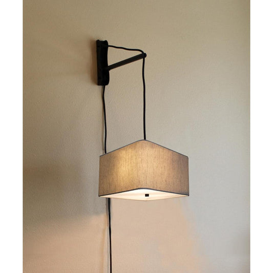 MAST Plug In Wall Mount Pendant, 2 Light Black Cord/Arm with Diffuser, Rounded Corner Square Oatmeal Drum Shade, 12"W