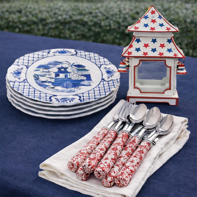 White with Red & Blue Star Red Trim Pagoda Lantern (4 Sizes)