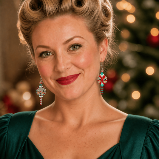 a woman with a christmas tree in the background