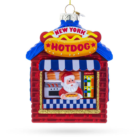 a christmas ornament with a hot dog shop