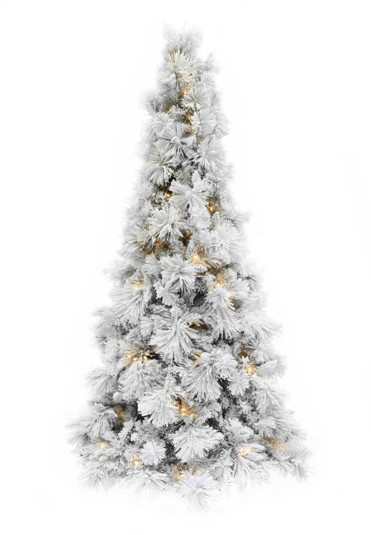 Pre-lit Slim Snow Flocked Atka Christmas Tree with Metal Stand and Instant Connect