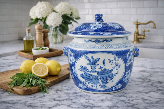 a blue and white pot with lid and lemons on a cutting board