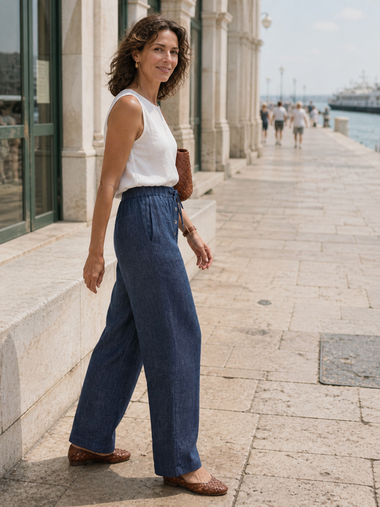 100% Linen Denim Texture Elastic Waist Straight Leg Pants HAZEL