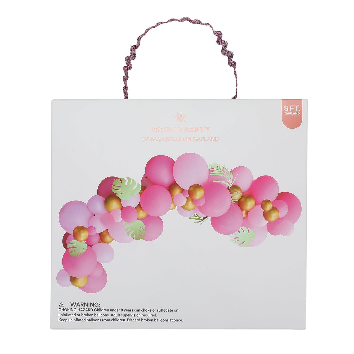 a box with pink and gold balloons