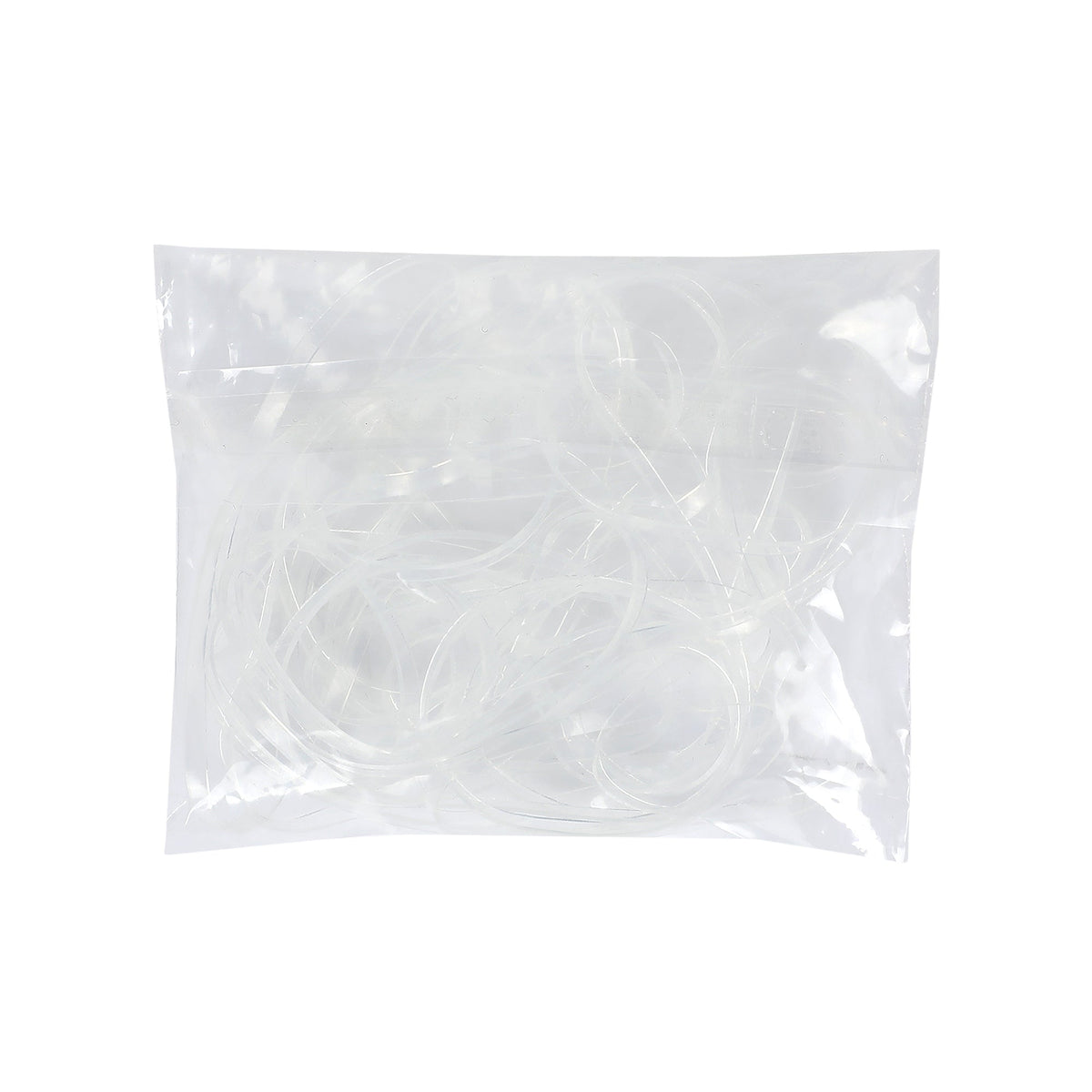 a clear plastic bag with white rubber bands