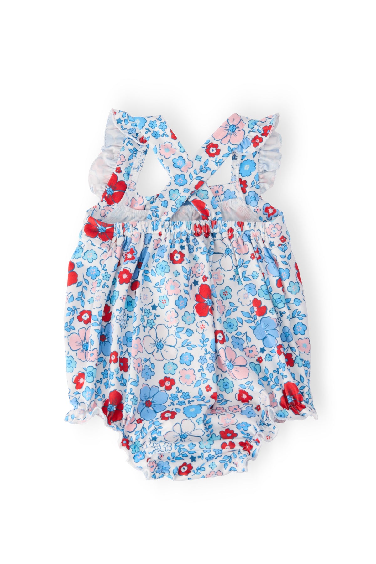 a baby romper with a cross over the back