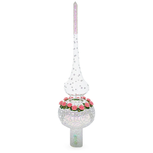 Pink Roses on Silver Swirls and Clear Glass Christmas Tree Topper 11 Inches