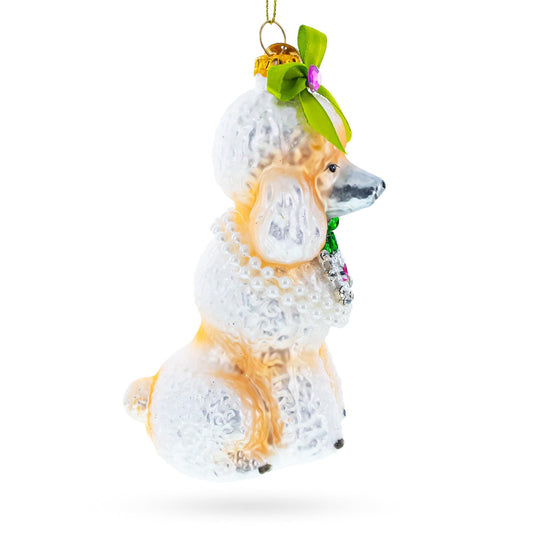Poodle with Green Bow Glass Christmas Ornament