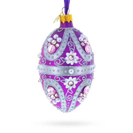 Purple Elegance with Pearls and Floral Accents Glass Egg Ornament 4 Inches