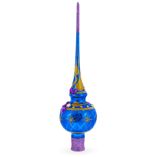 Purple Jewels Golden Leaves on Blue Glass Christmas Tree Topper 11 Inches