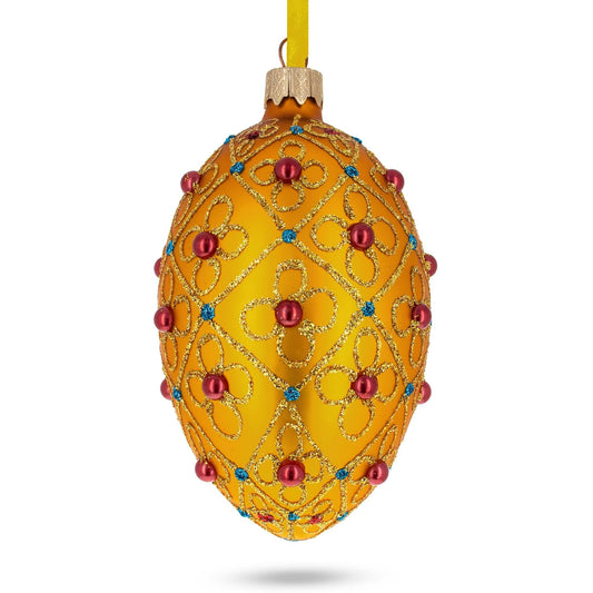 Red Beads, Blue Crystals & Filigree Trellis Glitter on Gold Glass Egg Ornament 4 Inches