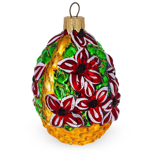 Red Flowers Bouquet Basket Glass Christmas Ornament