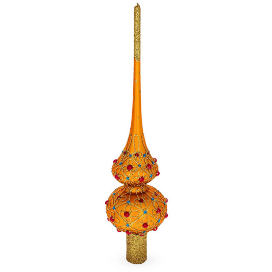 Red Jewels on Gold Geometrical Glass Christmas Tree Topper 11 Inches