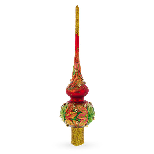 Red and Green Leaves on Red Glass Christmas Tree Topper 11 Inches