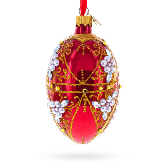 Regal Red and Gold Filigree with Pearls Glass Egg Ornament 4 Inches