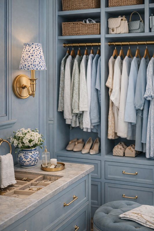 a closet with clothes on swingers and a light fixture