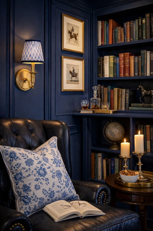 a chair with a pillow and candles on a table in front of a bookcase