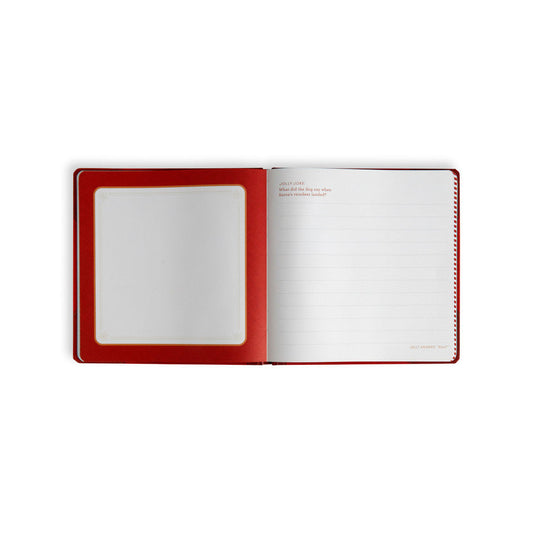 a red and white notebook with a white cover