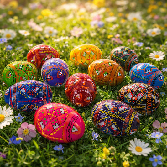a group of painted eggs in grass