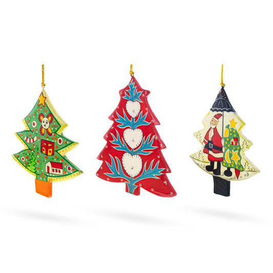 Set of 3 Colorful Holiday Trees with Santa and Hearts Wooden Christmas Ornaments
