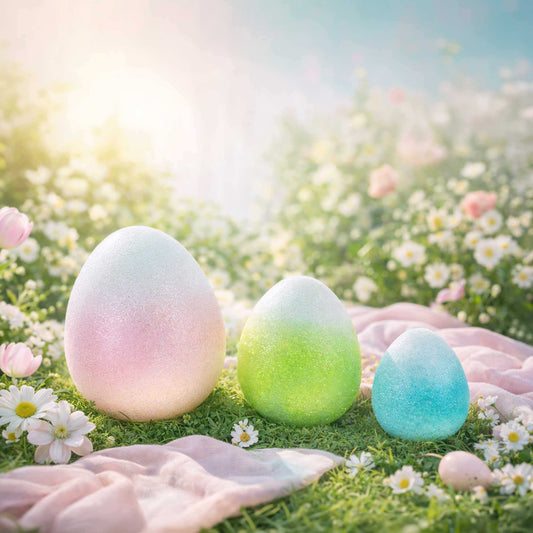 a group of eggs in a field of flowers