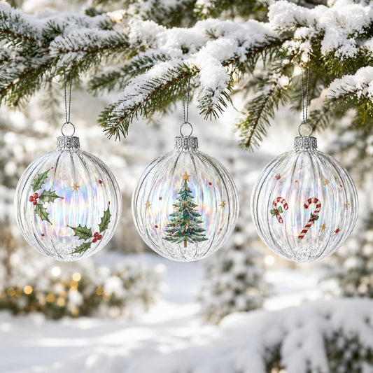 Set of 3 Iridescent Clear Glass Ball Christmas Ornaments 3.6 Inches