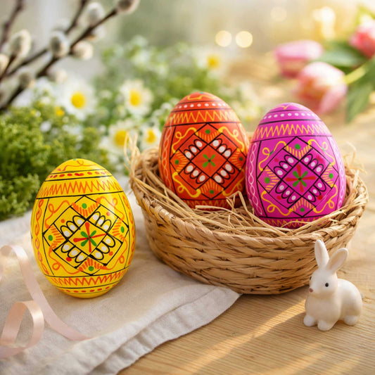 a group of eggs in a basket next to a bunny