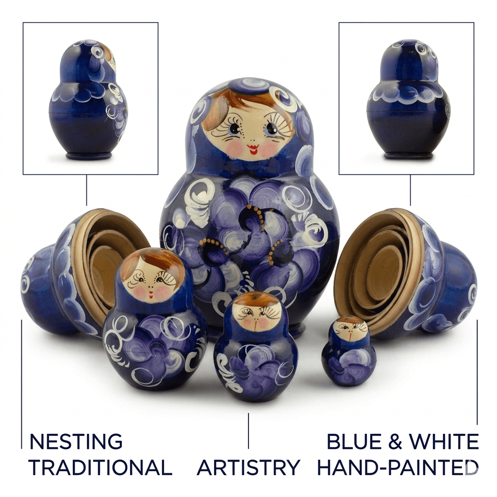Set of 4 Wooden Floral Nesting Dolls - 3" Blue & Purple Flower Matryoshka
