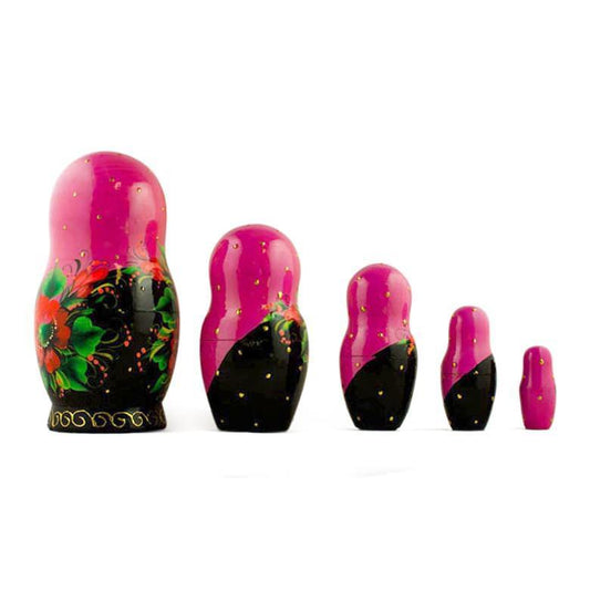 Set of 5 Pink Scarf with Poppy Flowers Nesting Dolls 7 Inches