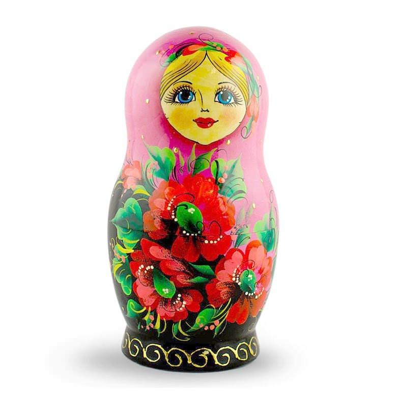 Set of 5 Pink Scarf with Poppy Flowers Nesting Dolls 7 Inches