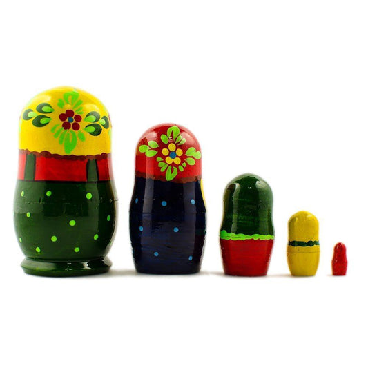 Set of 5 Wooden Floral Nesting Dolls - 4" Blue Flower Semyonov Matryoshka