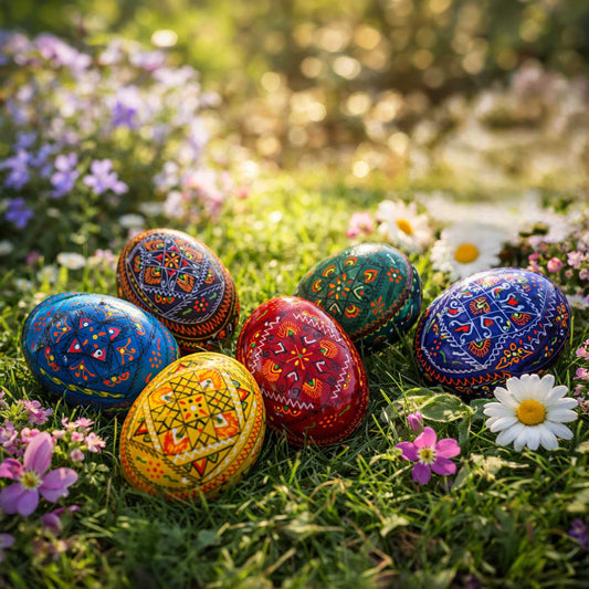 a group of painted eggs in grass with flowers