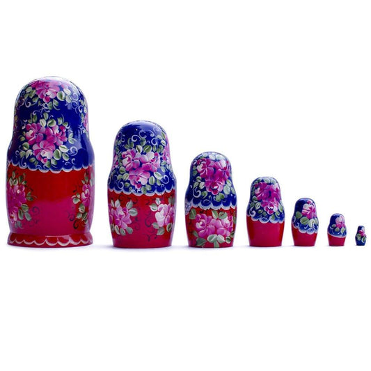Set of 7 Blue Scarf Red Dress Nesting Dolls 8.5 Inches
