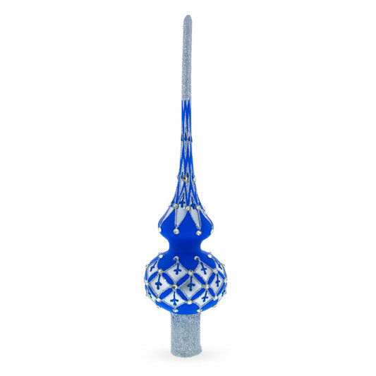 Silver Diamonds on Blue Glass Christmas Tree Topper 11 Inches