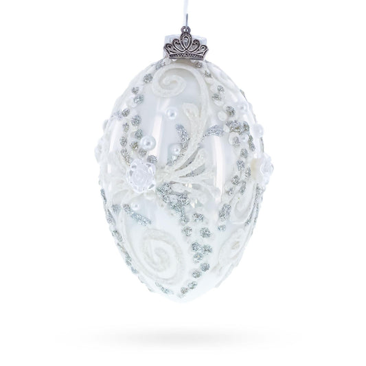 Silver Glitter Scrolls, Pearls & Rose Accents Winter Elegance Glass Egg Ornament 4 Inches