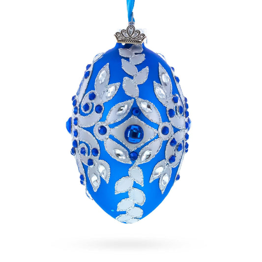 Silver on Blue Glass Egg Christmas Ornament 4 Inches