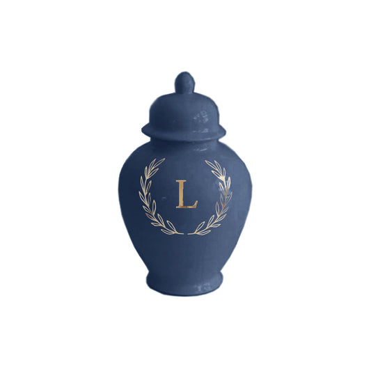 Single Letter Laurel Wreath Monogram Ginger Jars in Navy