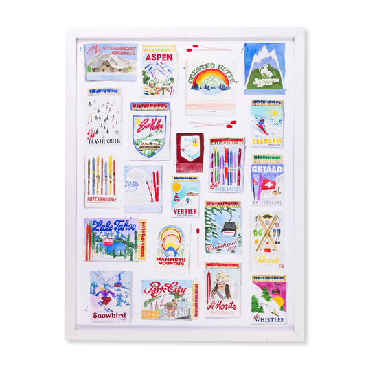 a white frame with pictures of different skis and skis