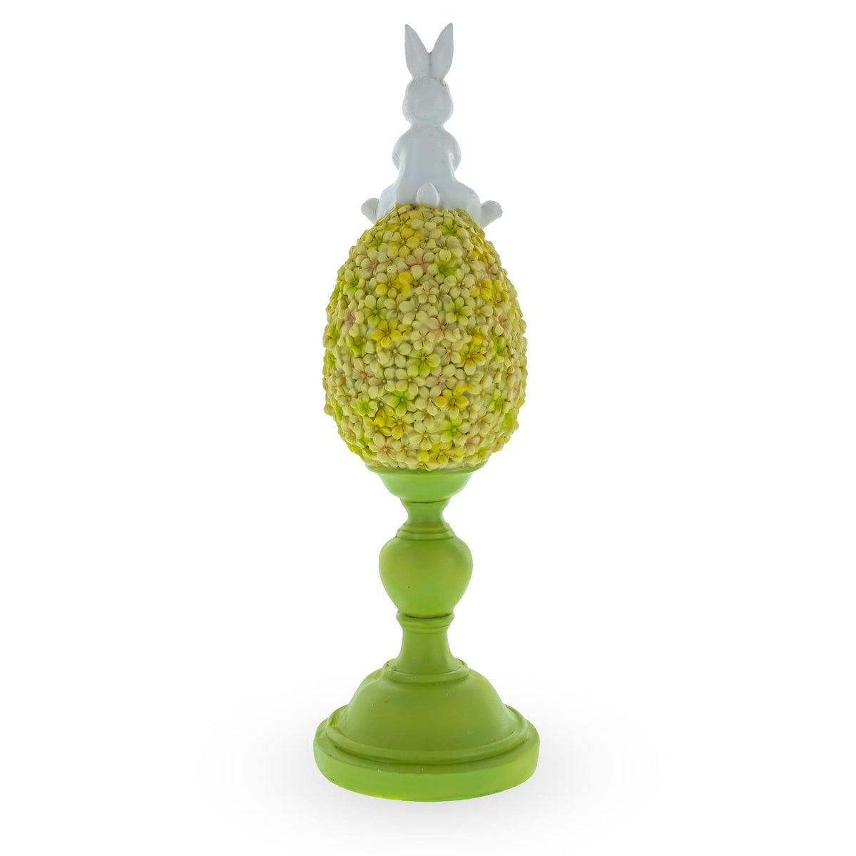 Spring Bunny Sitting on Textured Flower Easter Egg Display Stand 11.4 Inches Tall
