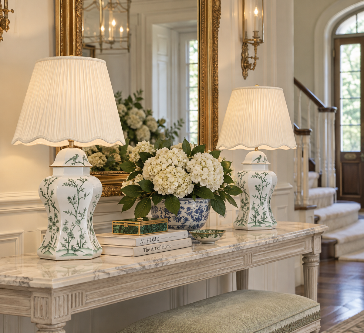 Ivory & Green Scalloped Hexagon Lamp