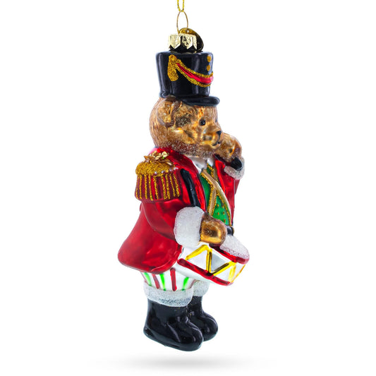 Teddy Bear Drummer Glass Christmas Ornament