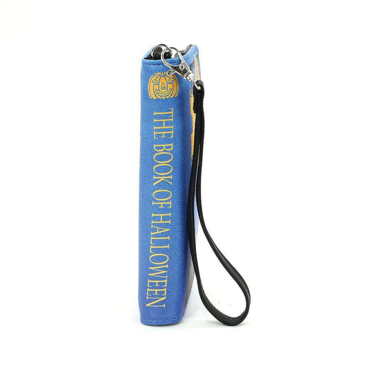 a blue book case with a black strap