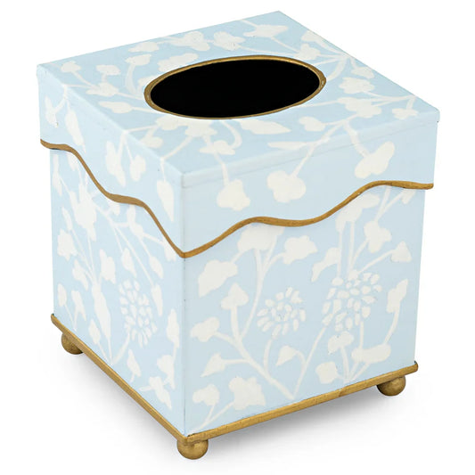a tissue box with a white and blue design