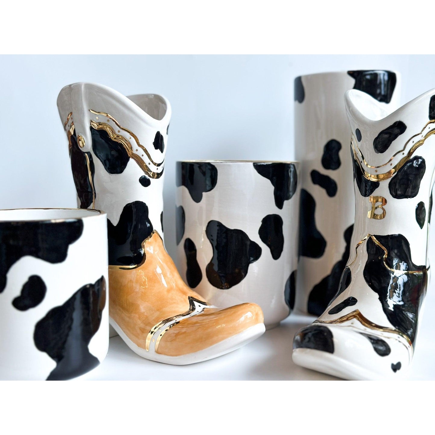 Two Tone Cow Print Cowboy Boot Vase