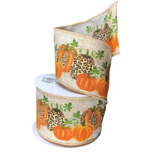 2.5" Natural Linen Cheetah Pumpkin Ribbon: Orange (10 Yards)
