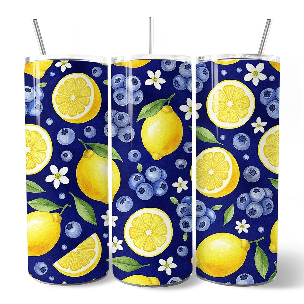 Fresh Lemon and Blueberry Pattern 20oz Personalized Tumbler With Lid and Stainless Steel Straw, Summer Citrus Fruit Gift Cup