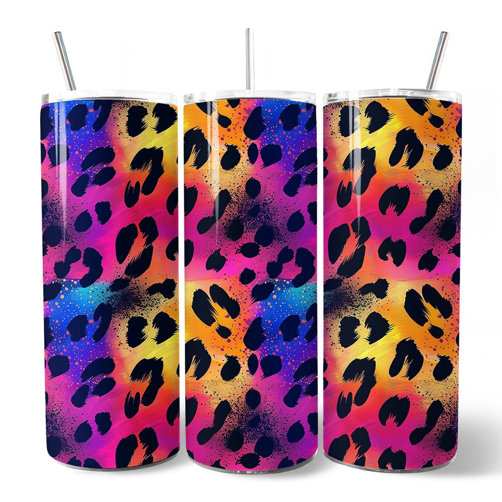 Vibrant Neon Leopard Print 20oz Personalized Tumbler With Lid and Stainless Steel Straw, Retro Rainbow Animal Pattern Gift Cup