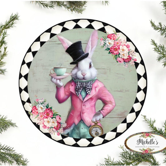 Whimsical Harlequin Bunny Round Sign